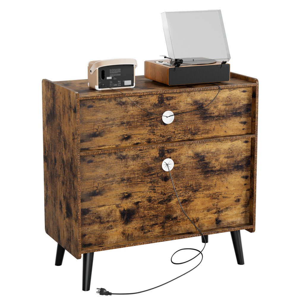 Large Record Player Stand Vinyl Record Storage Table Power Outlet Display Shelf