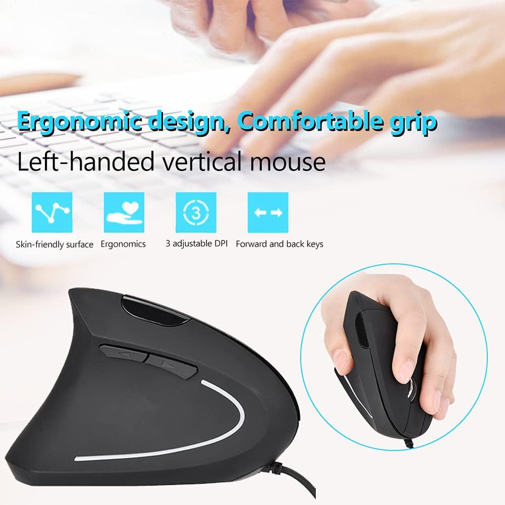 Ergonomic Vertical USB Wired Mouse, Left Handed Optical Mouse, 3 Adjustable DPI