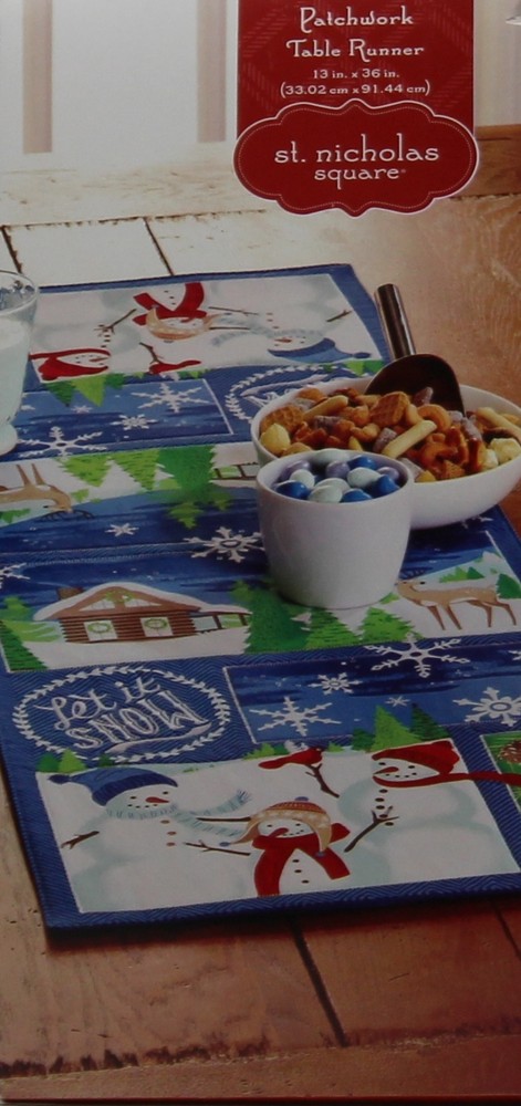 Christmas St Nicholas Square Blue Snowman Patchwork Table Runner 13x36 in NWT