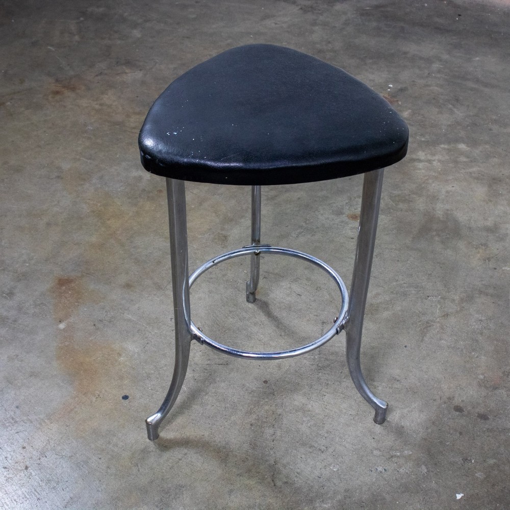 Art Deco Streamline Moderne Low Stool Solid Chrome Legs & Black Vinyl Seat