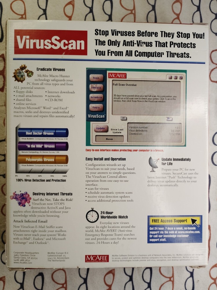 McAfee VirusScan 1999 Windows 98 95 PC CD-ROM Big Box Software Complete Copy