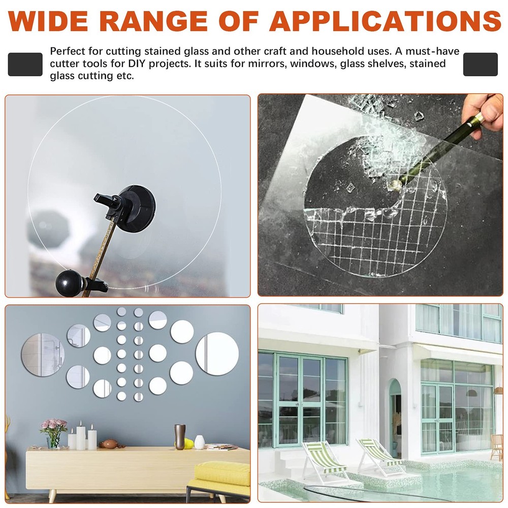 5-Pcs Adjustable Glass Cutter Kit - Includes Suction Cup & Running Plier Round