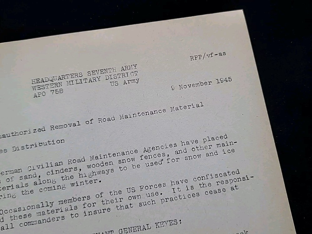 1945 Germany WWII US Army Military Document Unauthorized Removal Road Materials
