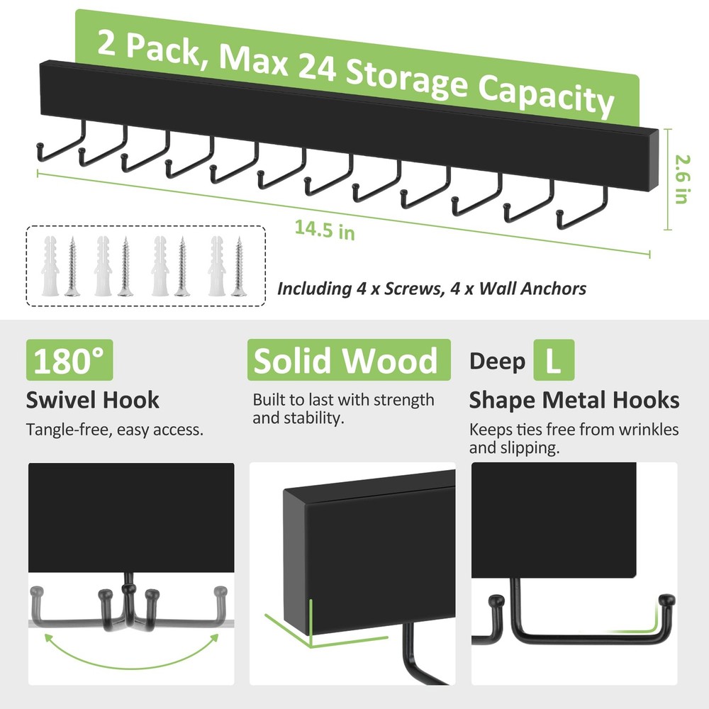 2 Pack Tie Rack Wall 13.5 inches (width) x 0.55 (height), Black