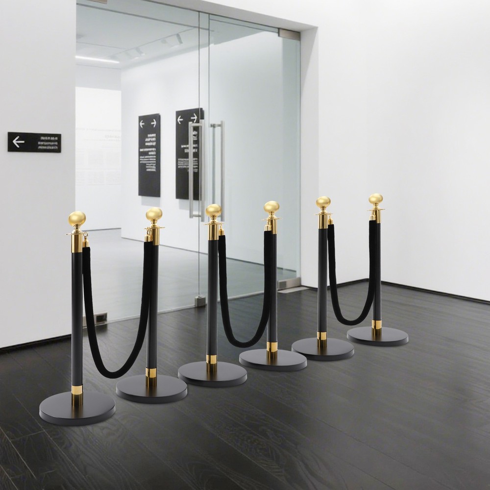 6 PCS Black Stainless Stanchion Posts w/ 4 Ropes Crowd Control Queue Barrier NEW