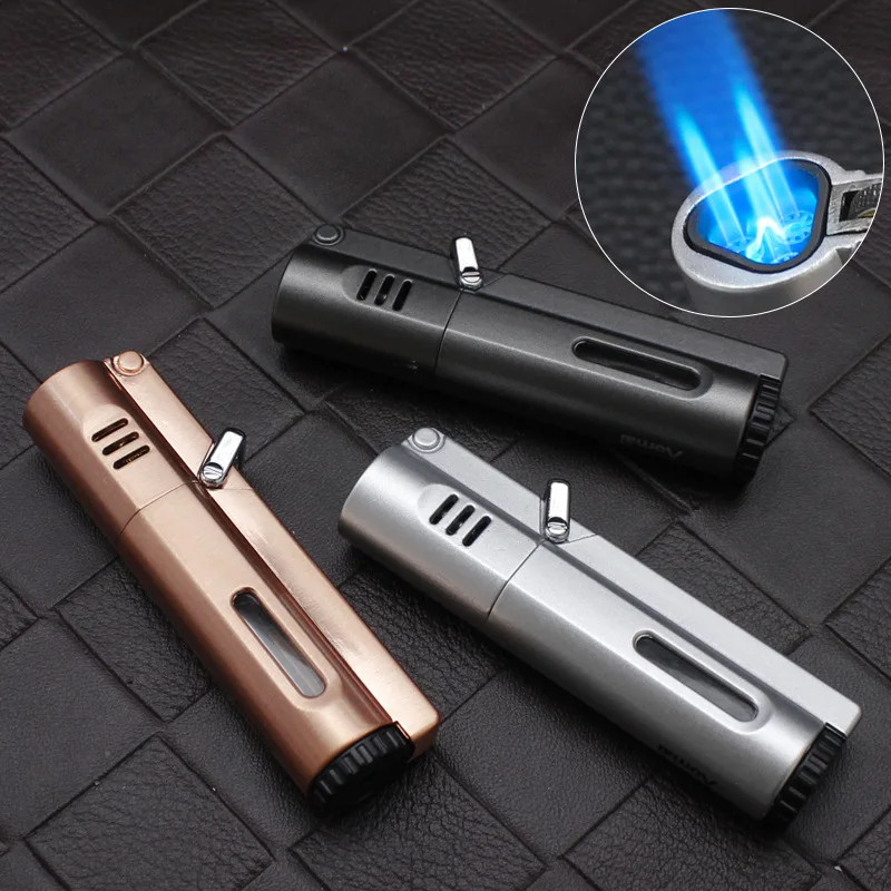 Metal Triple JET Flame Cigar Lighter Visual Window Windproof Grinding Wheel