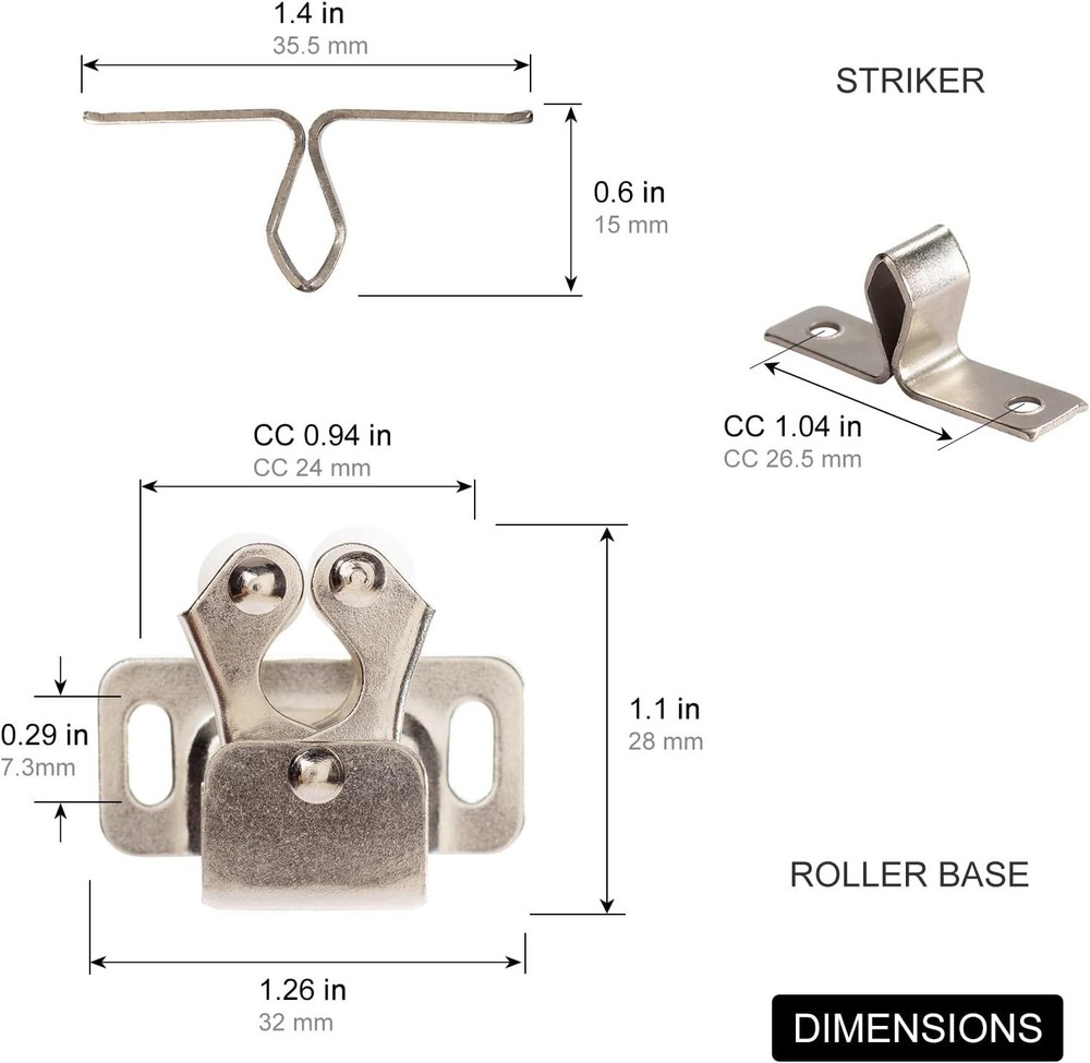 Nickel Finished 2 PCS Cabinet Roller Latch Set with Easy Install Components