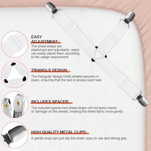 4 or 8 Pcs Sheet Straps with Metal Clips, Triangle Bed Straps