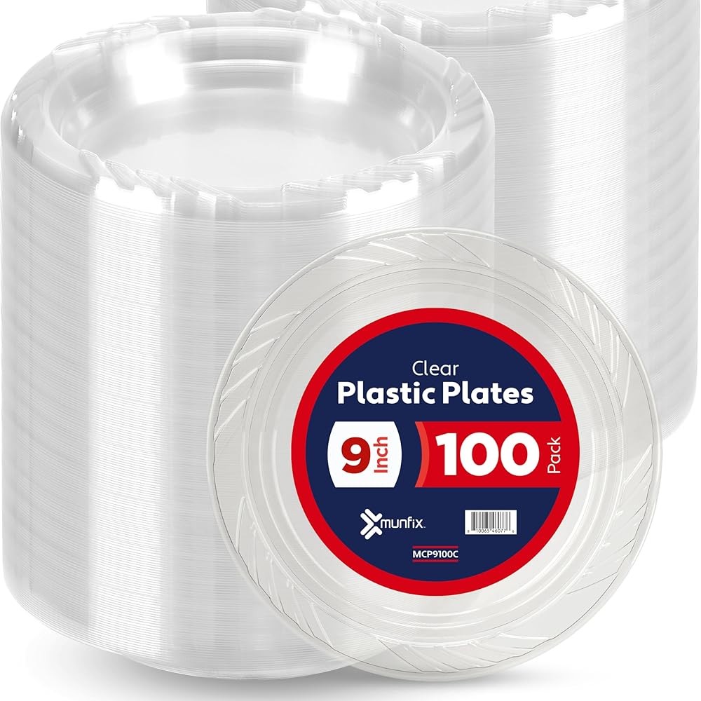 100 Clear Plastic Plates Set - 9 Inch Disposable Dinner Plates Bulk