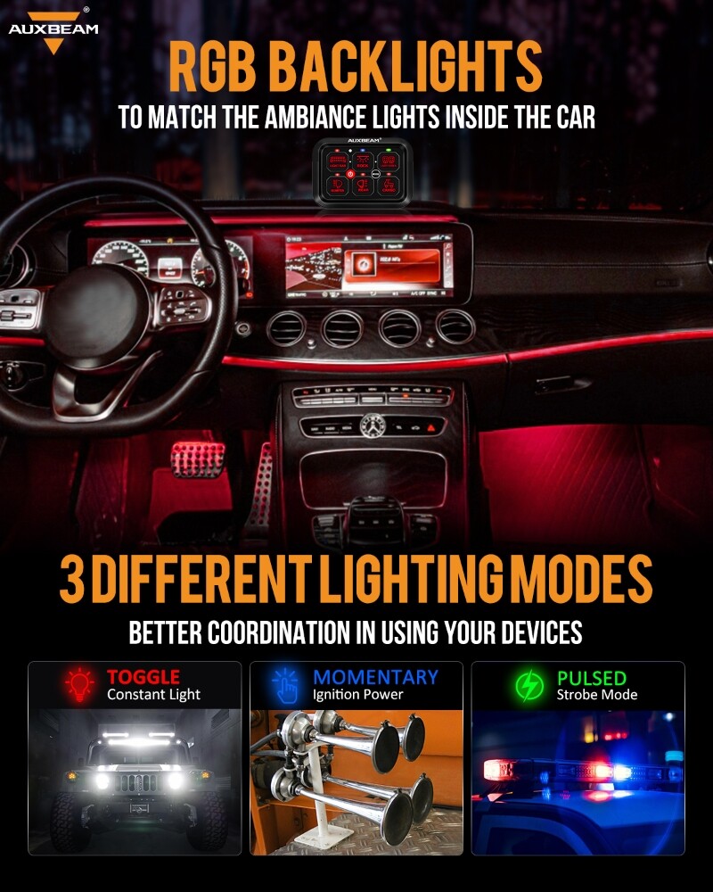 AUXBEAM 6 Gang RGB Switch Panel Toggle LED Light Circuit Relay System Controller