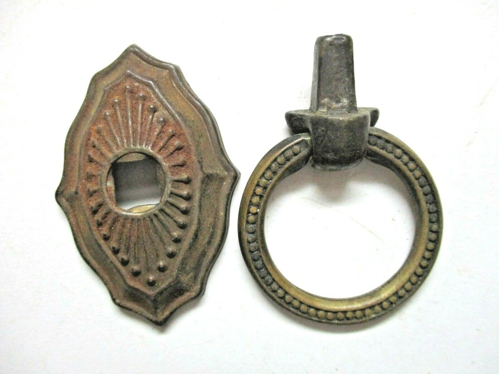 Small 1900s Aged Dark Brass Plated Drop Ring Pull Handle & Backplate 1 Antique