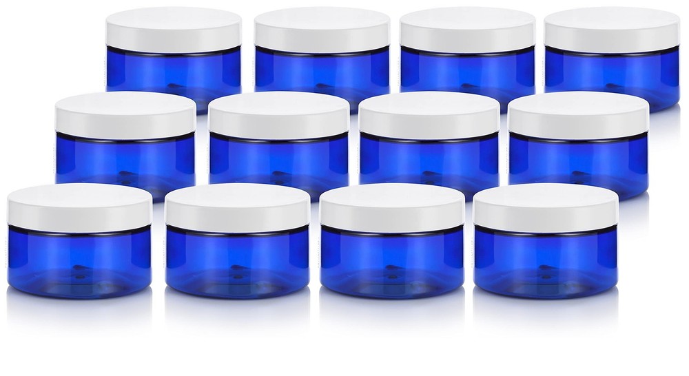 12 PCS Cobalt Blue PET Plastic Low Profile Jar White Smooth Lid 4 oz