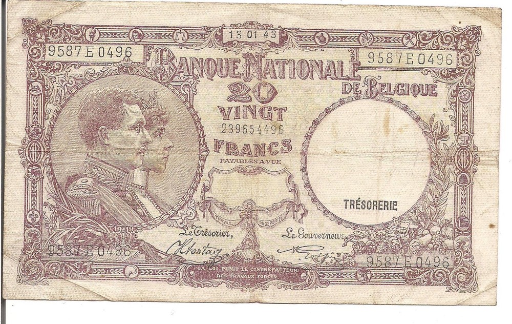BELGIUM, 20 FRANCS, P#111, 1944