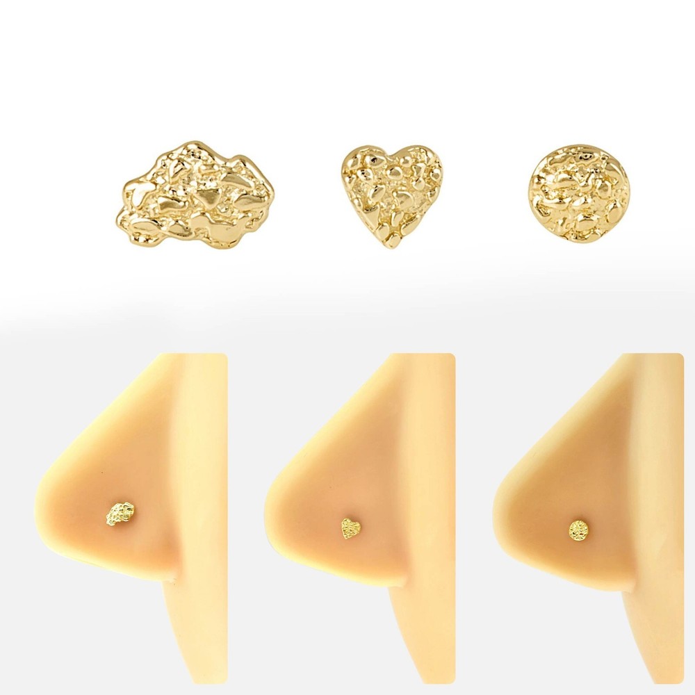 NUGGET 14K Solid Yellow Gold , Nugget Bar Nose Stud, 3 different style Nose Stud