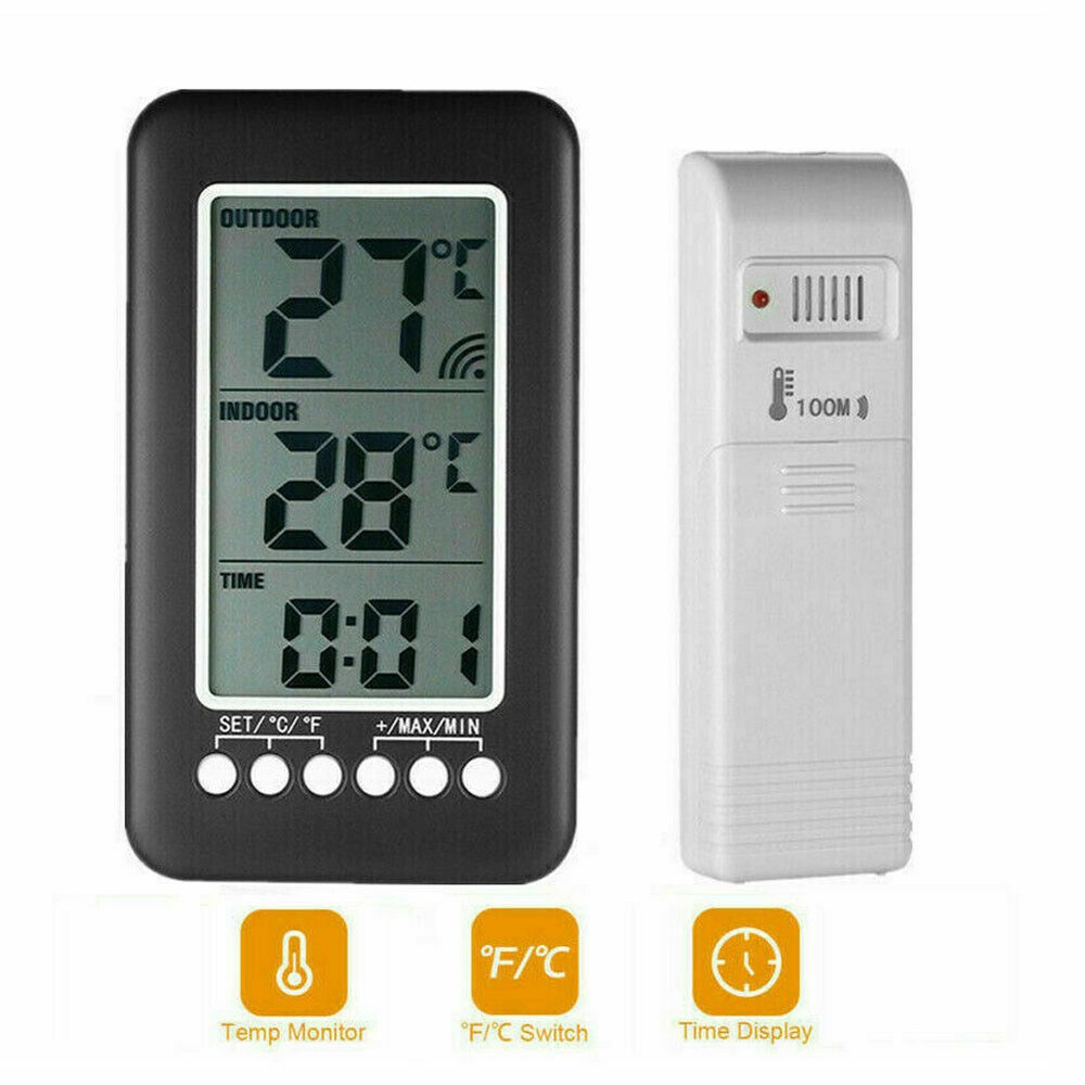 Digital Thermometer Clock Temperature Wireless Transmitter Meter Indoor/Outdoor