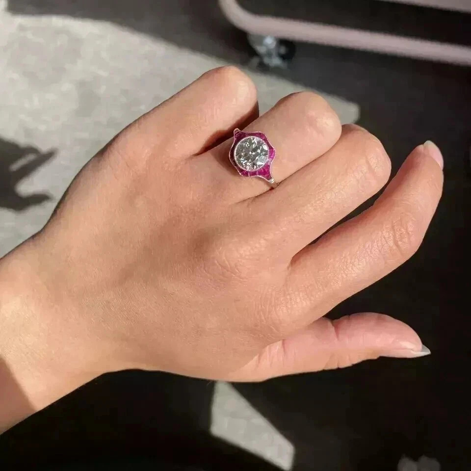 Art Deco Round Cut Lab Created Diamond Ruby 14k White Gold Finish Wedding Ring