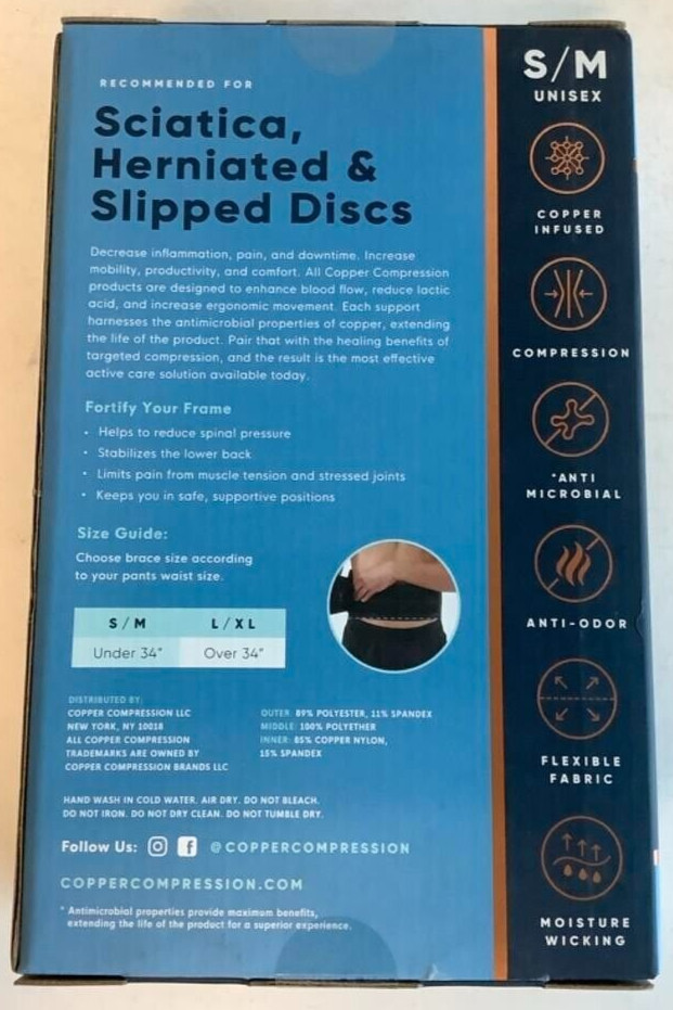 NEW Copper Compression CCRBB/BS3 Copper Infused SMALL/MEDIUM Black Back Brace