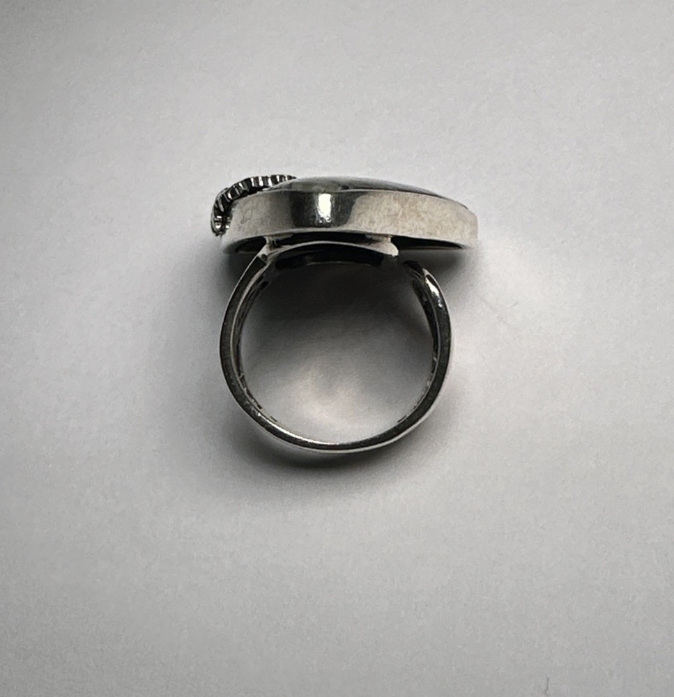 Vintage 925 Sterling Silver Large Angular Stone Ring With Detailed Leaf