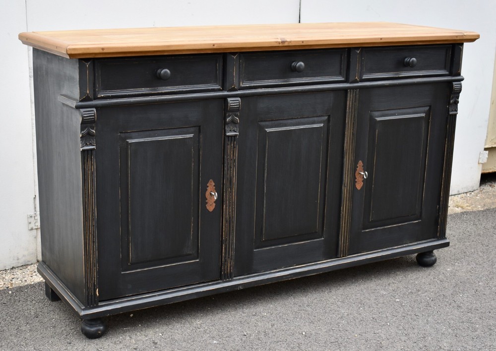 Painted Pine Three Door Sideboard, Reproduction.