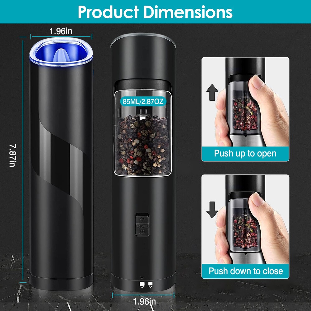 Electric Black Salt & Pepper Grinder LED Light Adjustable USB High-capacity