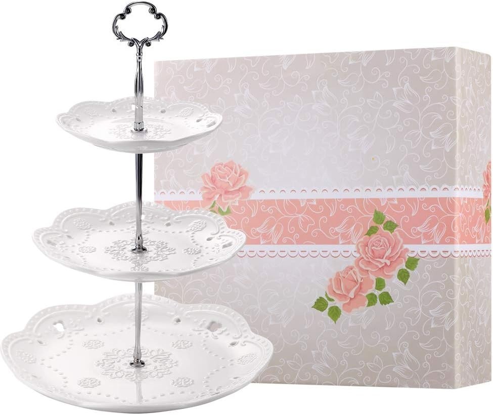 Pure White Ceramic 3-Tier Dessert Tray with Silver Bracket - Easy Assembly