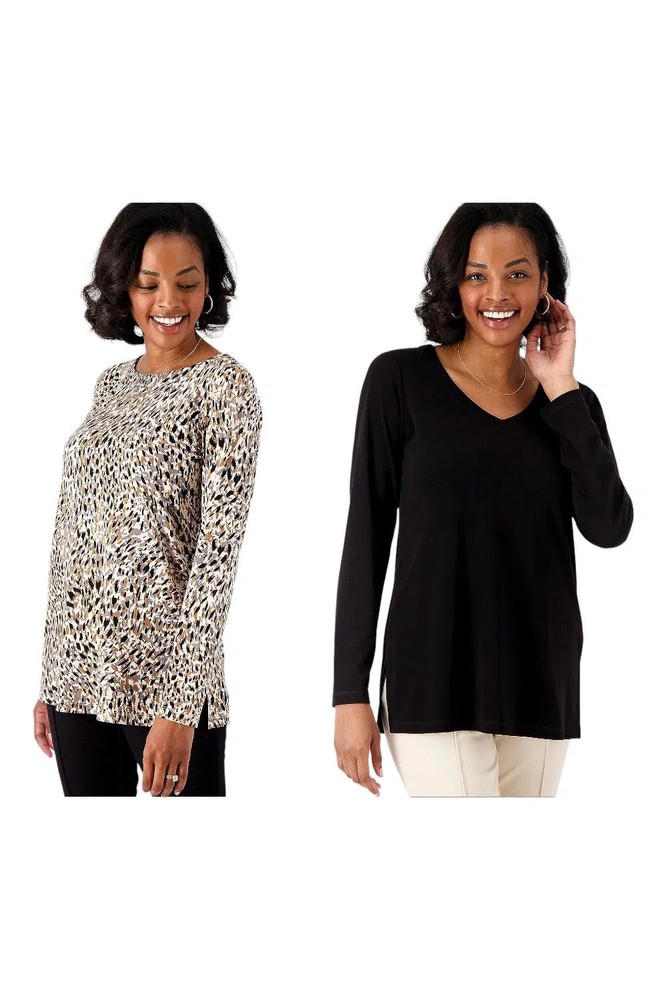 Susan Graver Women's 2pk Solid & Print Liquid Tunic Black/Ivory Multi