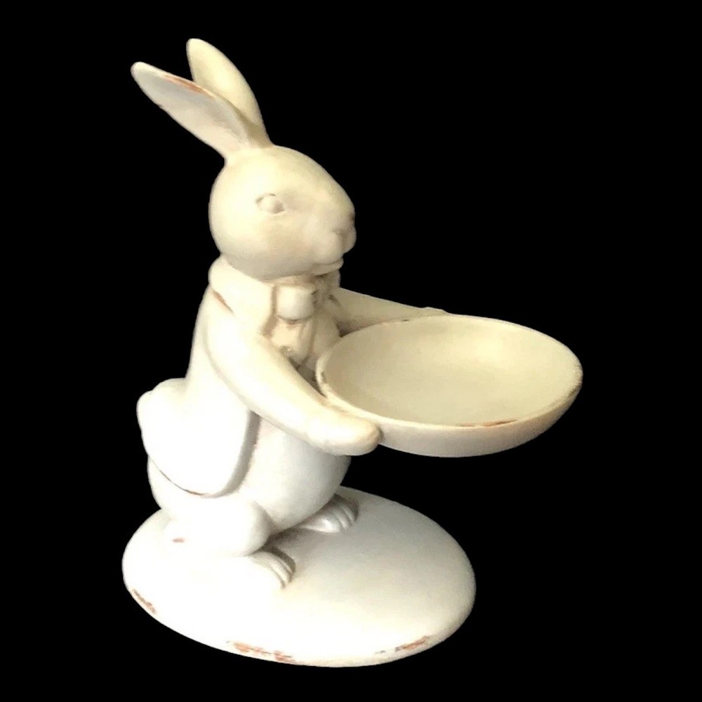 Easter Bunny Rabbit Holding Egg Candy Dish Spring Decor Gray Distressed