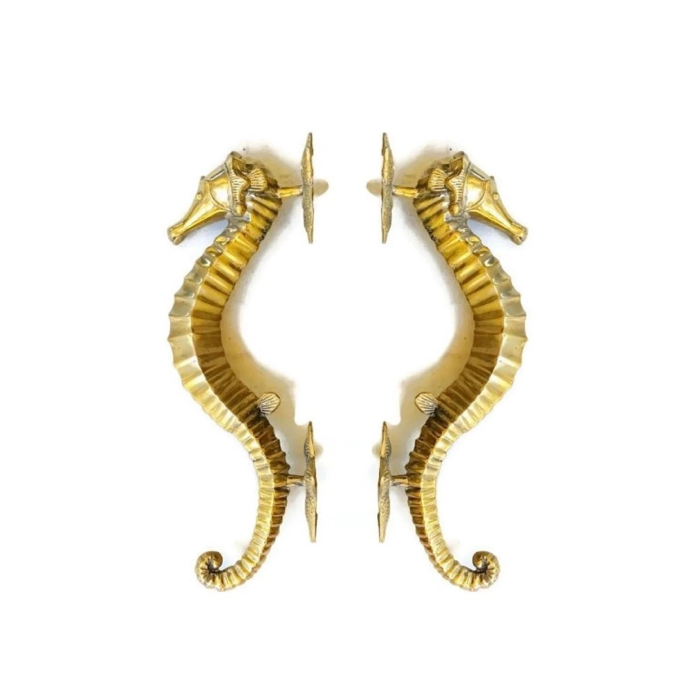 2 Brass Large 35cm Seahorse pulls Star backplates Door Handle Pull Antique Brass