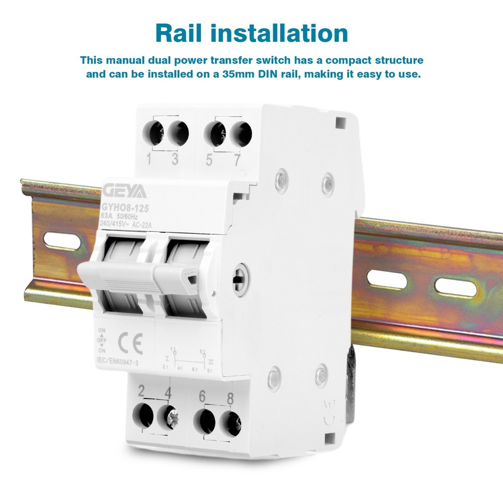 GEYA Manual Switch 63A 2P/4P DIN Rail Dual Current Switch Load Switching