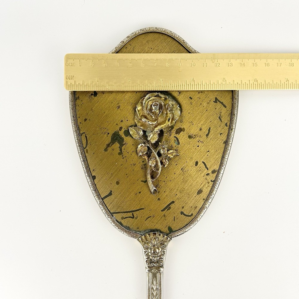 Vintage Vanity Hand Mirror Rose Design Long Handle