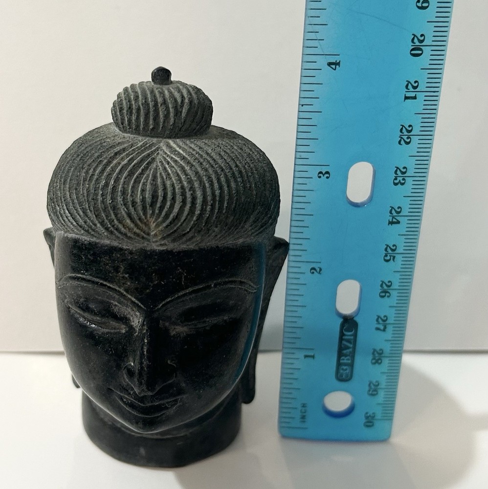 Old Handcrafted Black Stone Buddha Face Head Sculpture Statue