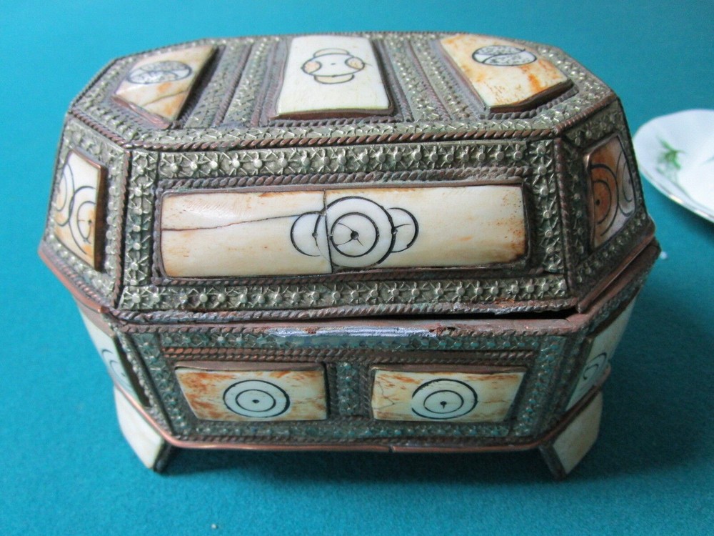 Middle Eastern antique camel bone brass handmade footed box leather original