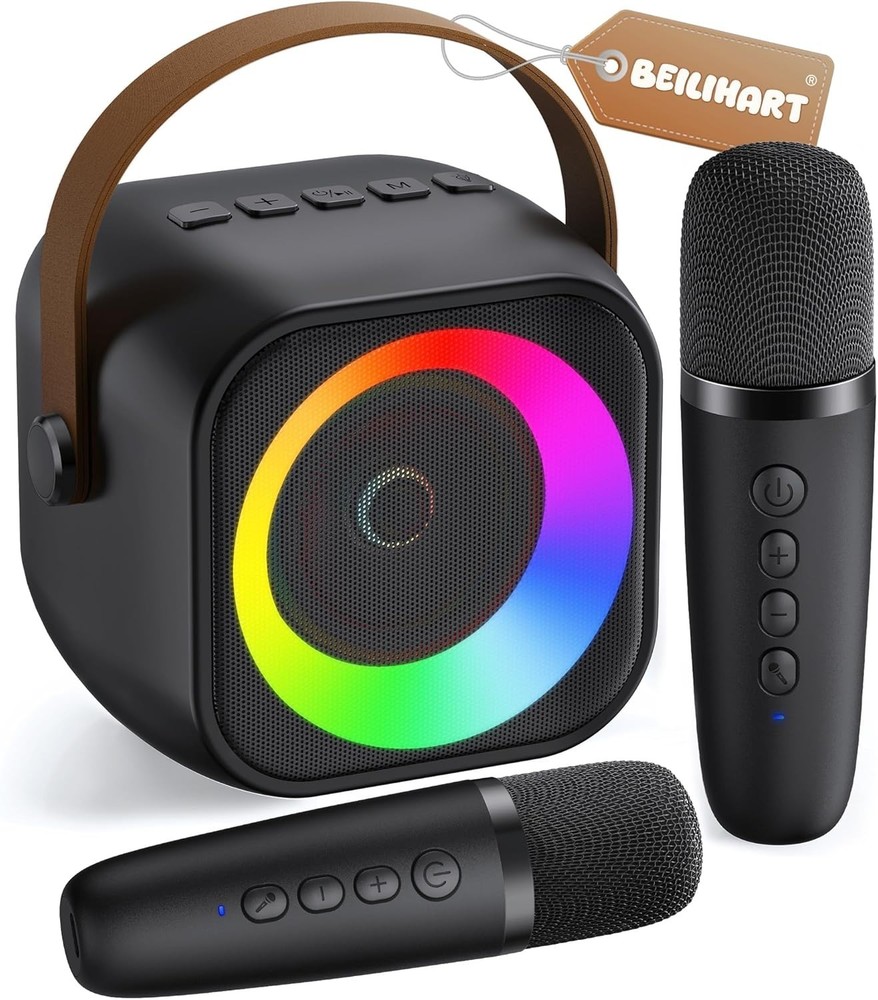 Vibrant Mini Karaoke System with Wireless Mics & Colorful Lights - Endless Fun!
