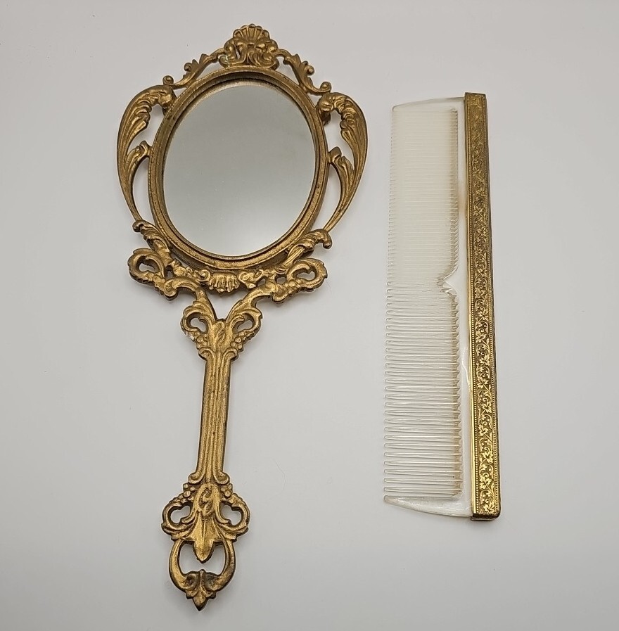 Old Brass Oval Shape Engraved Handcrafted Vanity Cut Work Mirror + Comb