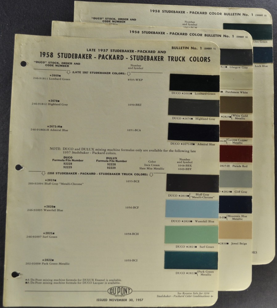 1958 Studebaker Packard Paint Chips Sheets Hawk President Commander Truck 58
