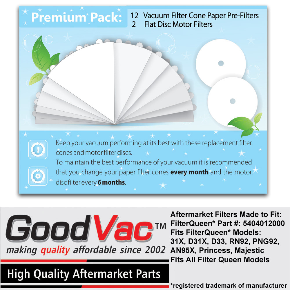 GoodVac Filter Cones For Filter Queen Vacuum 12 Pack w/ 2 Motor Disc Filter