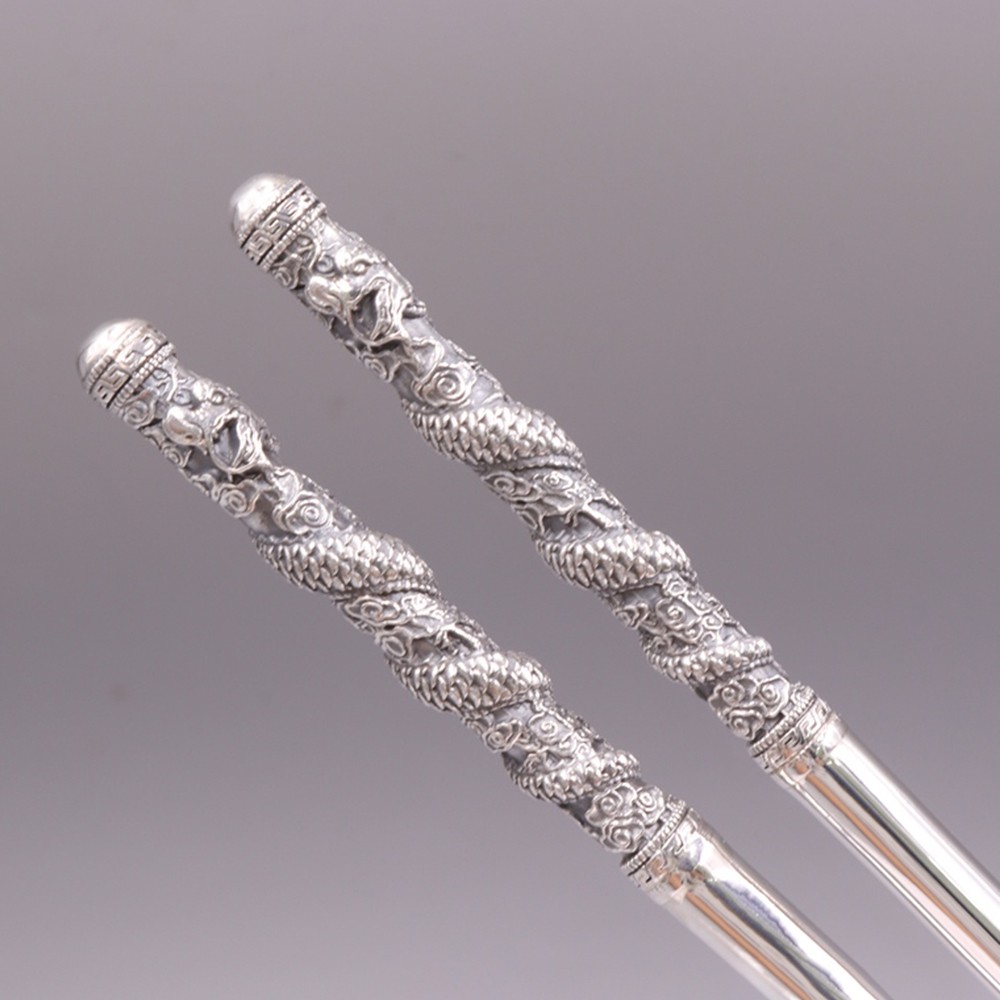 Solid S999 Fine Silver Dinnerware Carved Dragon Pattern Chopsticks 52-53g 7.8in