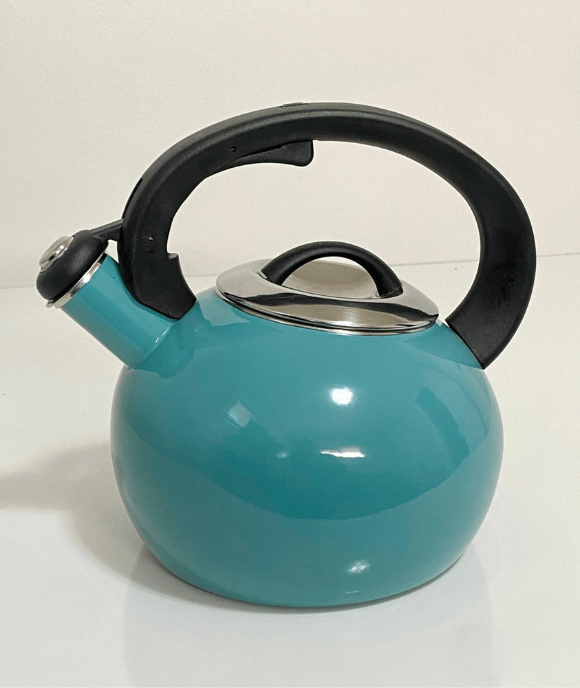 Enamel-on-Steel Whistling Tea Kettle 2.3 Quart Anti-Hot Folding Handle Turquoise