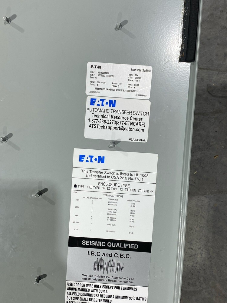 EATON Transfer Switch 400 Amps Enclosure Only Empty