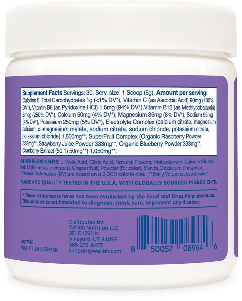 Wellah Splish Splash Hydration Electrolyte Drink Mix (Grape, 30 Servings)