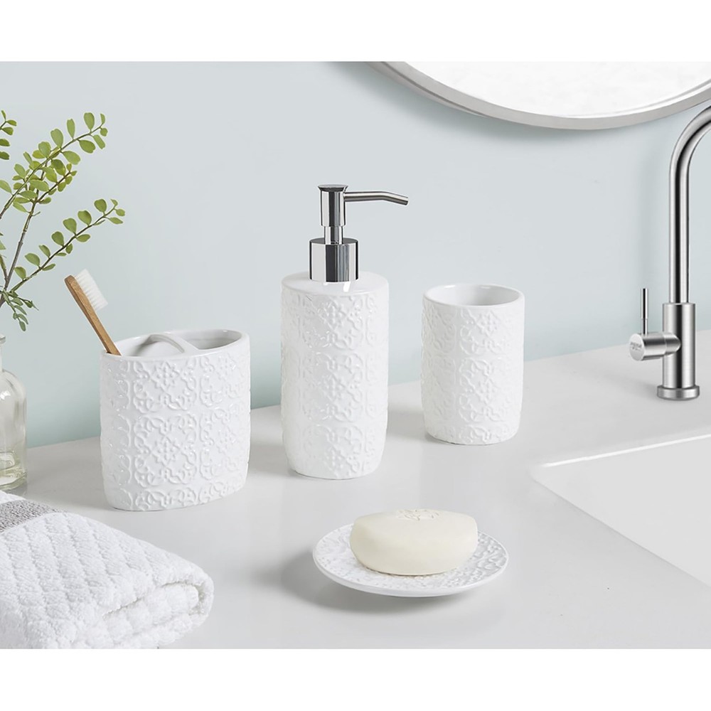 Ceramic Bathroom Accessories Set, Vanity Decor Storage Organizer, Embossed Da...