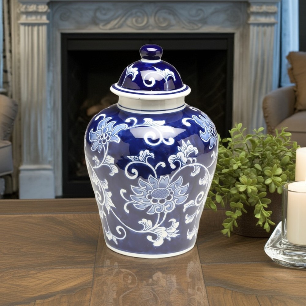 AA Importing Blue and White Floral 10" Ginger Jar