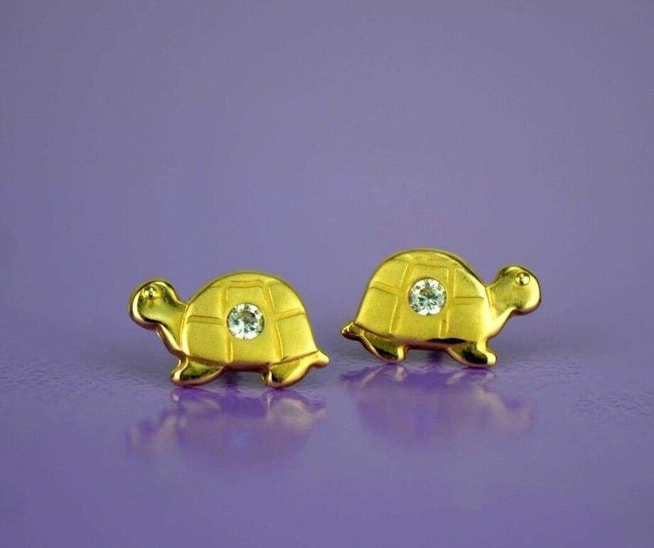 14k Yellow Gold CZ Turtle Stud Earrings