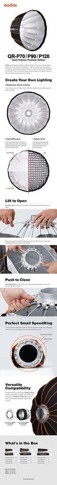 27.6 Inch Godox QR-P70 Parabolic Softbox Bowens Mount Front Inner Diffuser 70CM