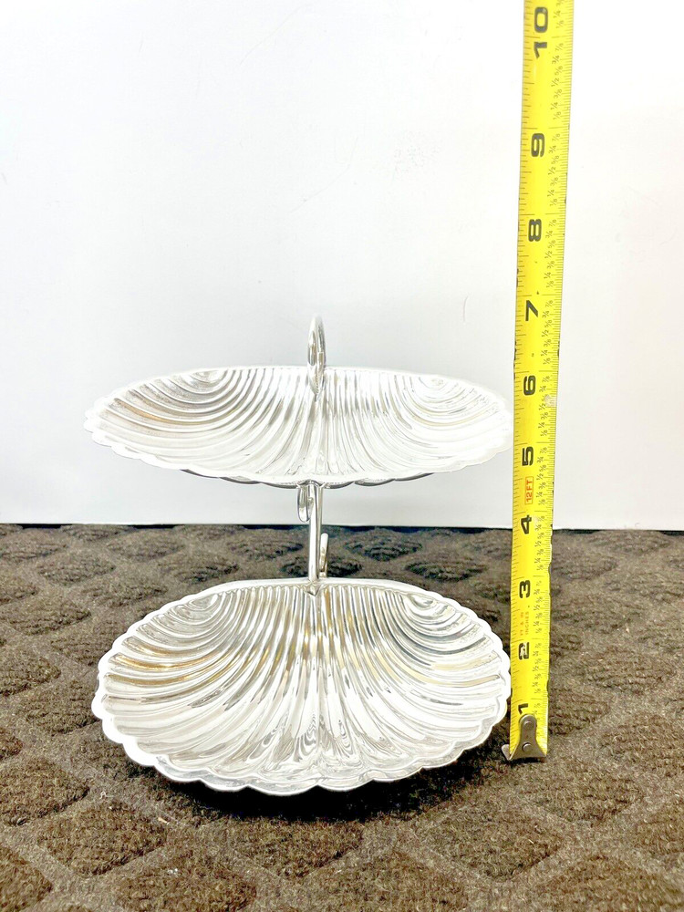 Sterling Silver 2 Tier Shell Dishes Curved Handle Mexico, 204 grams