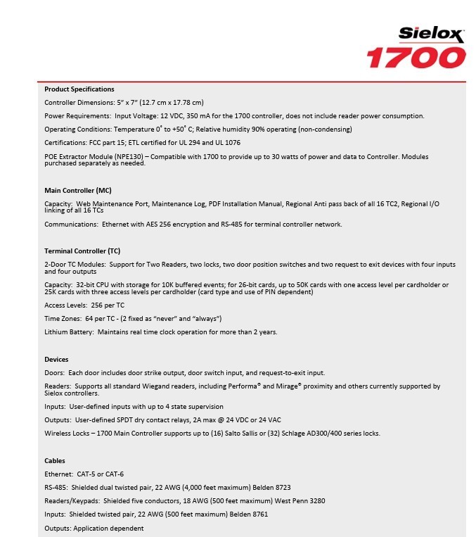 Sielox 1700 Intelligent Control Panel