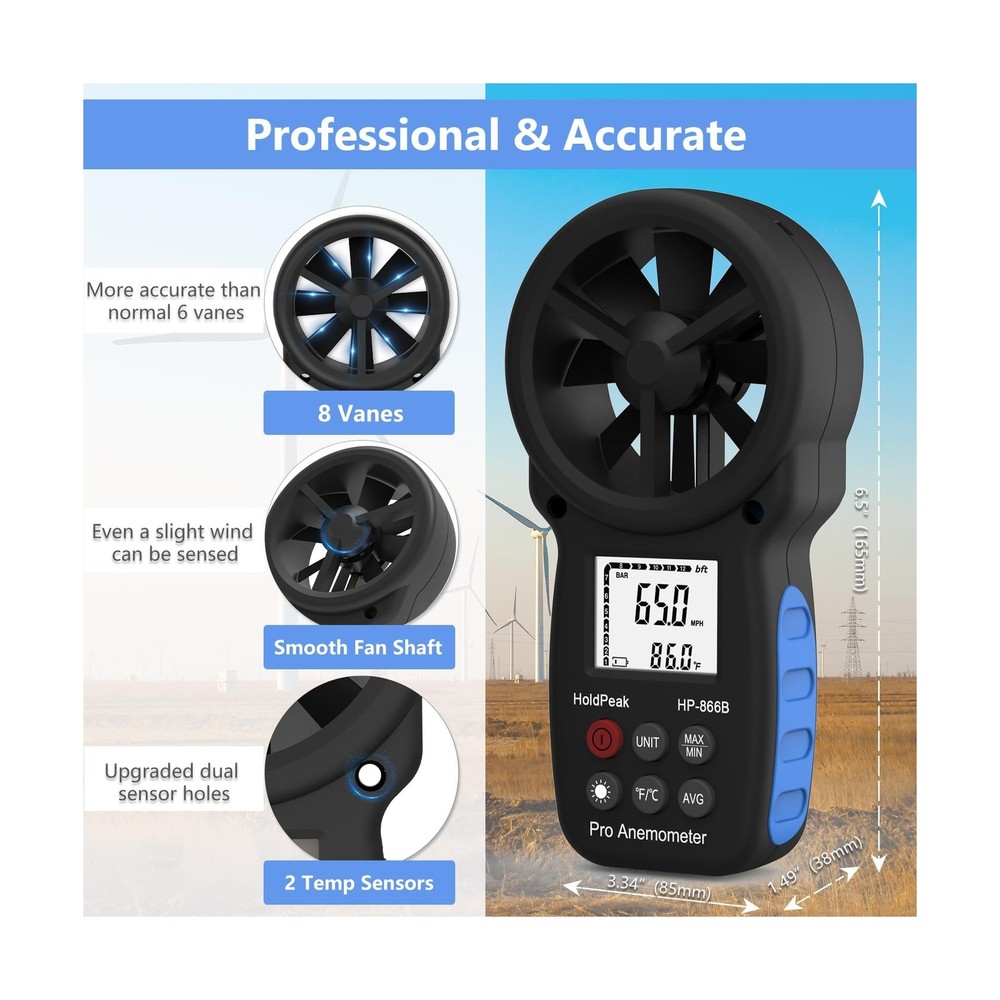 HoldPeak Handheld Anemometer Bluetooth with Tripod, Digital Wind Speed Gauge ...
