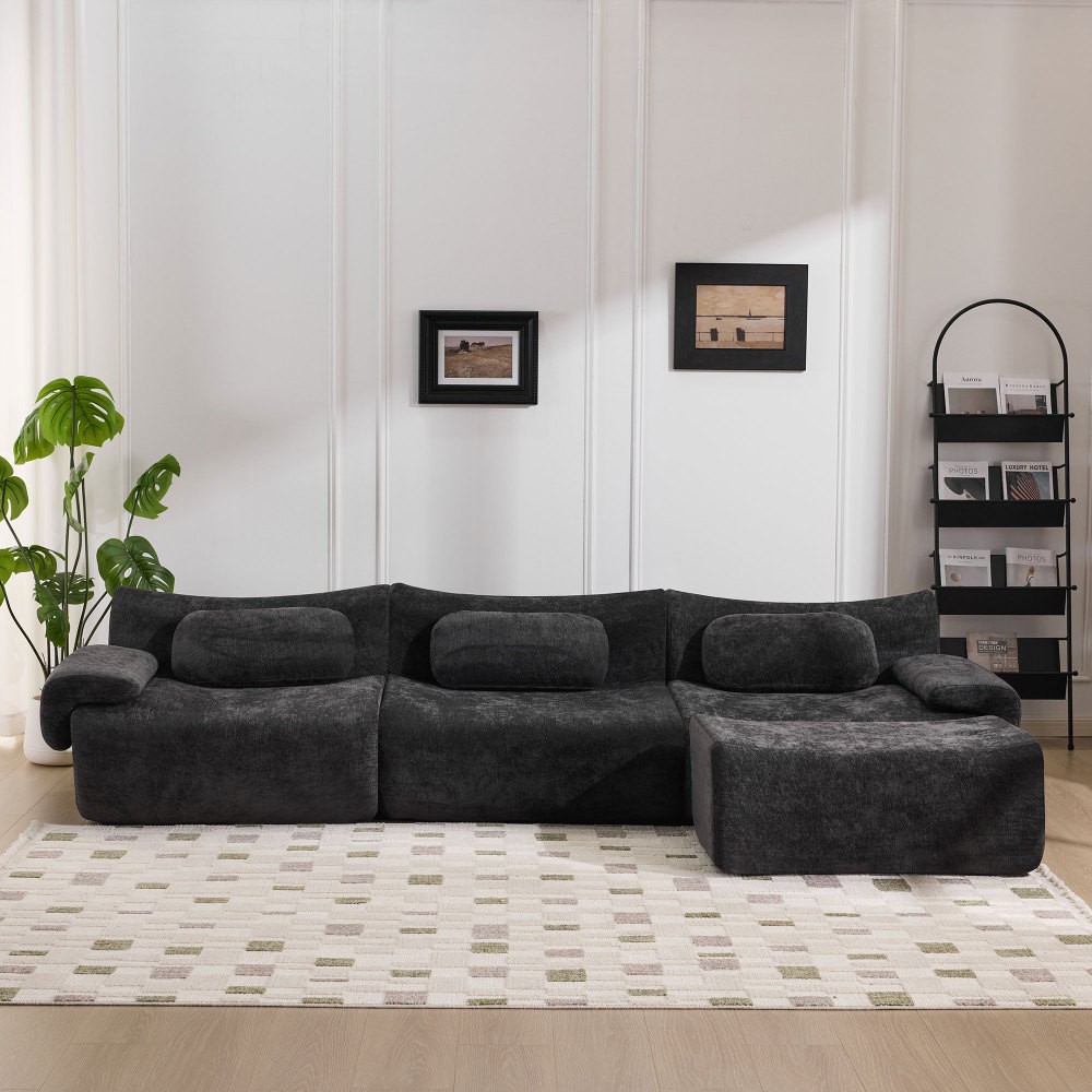 Modular Chenille Sofa 3-Seat Cushion Back Modern Upholstered Sectional, Black