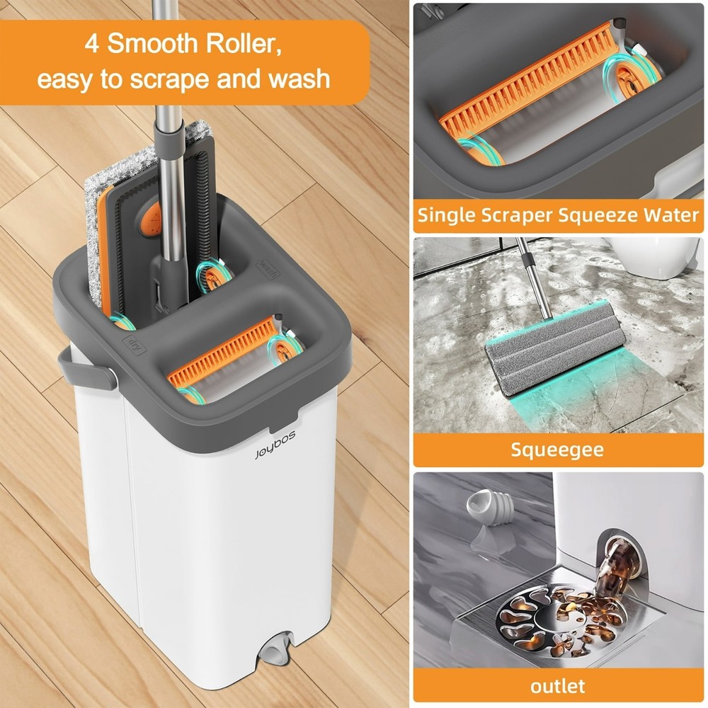 61" Flat Mop and Bucket System with 4 Microfiber Pads - Floor Wall Window Mop