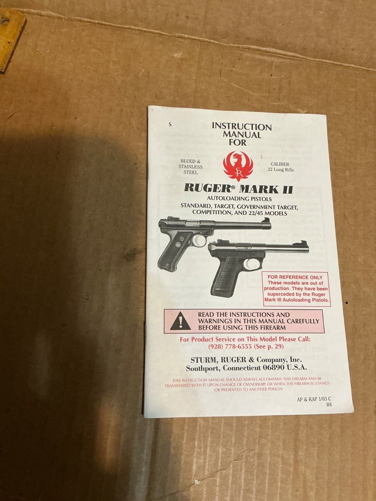 Used Ruger Mark ll Autoloading Pistols  Standard, Target && Instruction Manual